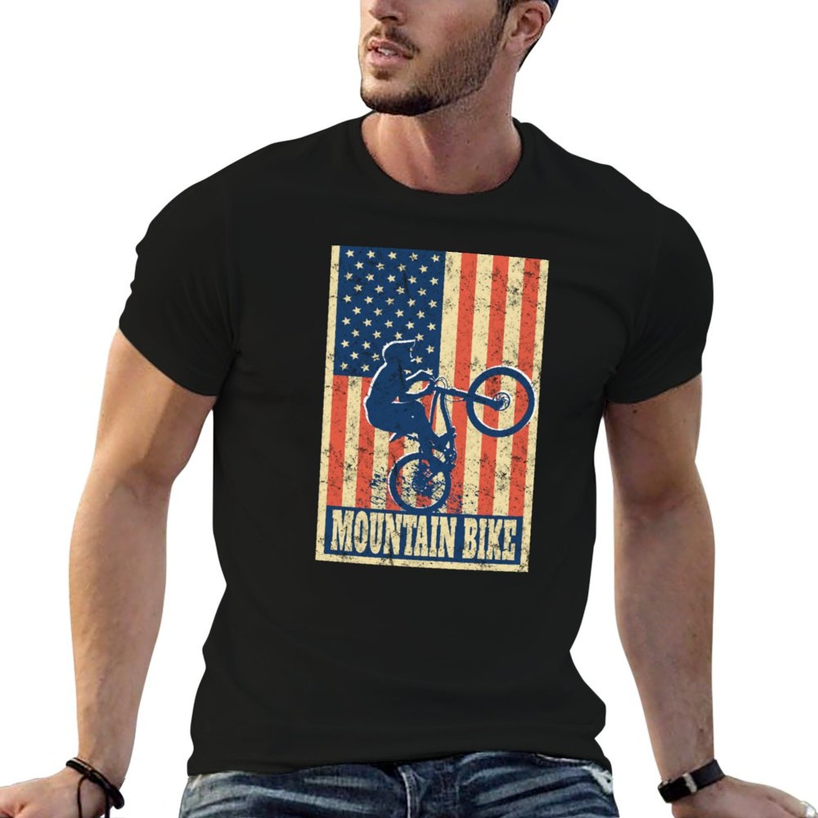 Mountain Biking Holidays - Mountainbiker fietsen T-shirt met Amerikaanse vlag
